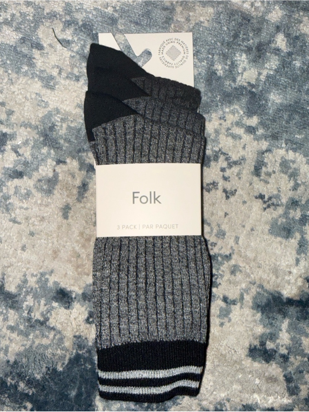 Folk Men's 3-Pack Ribbed Gray & Black Socks NEW